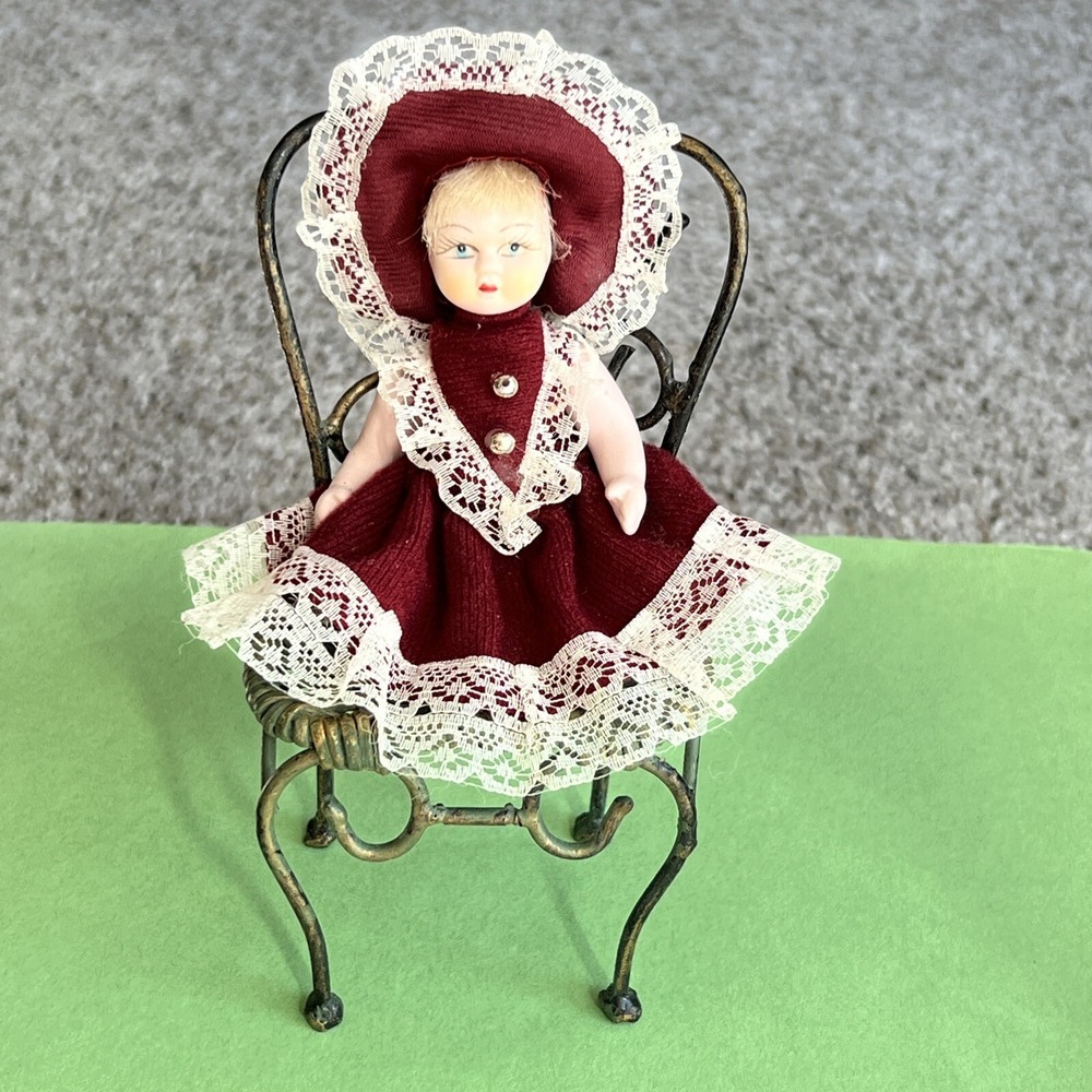 Vintage Small Porcelain Doll On The Chair Figurine Decor Red Dress